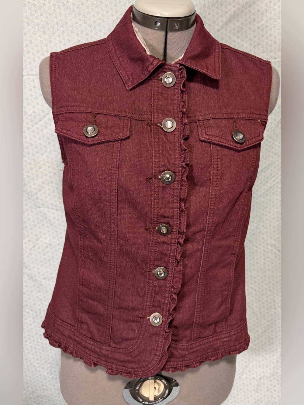 Christopher & Banks Sleeveless Ruffled Denim Vest in Burgundy